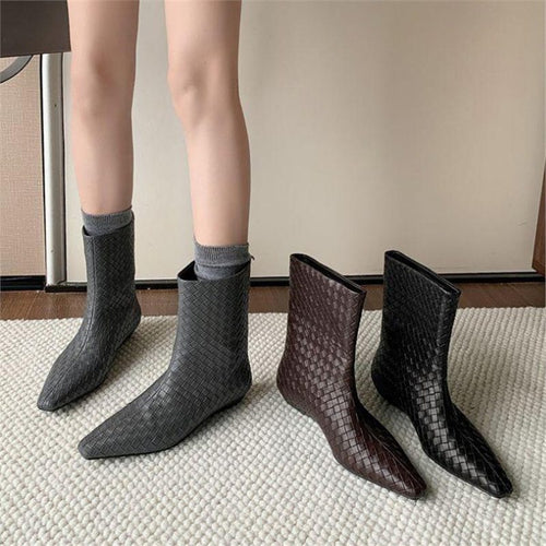 Damen Geflochtene Lederoptik-Midcalf Stiefeletten mit spitzer Zehenform und flachem Absatz Drune