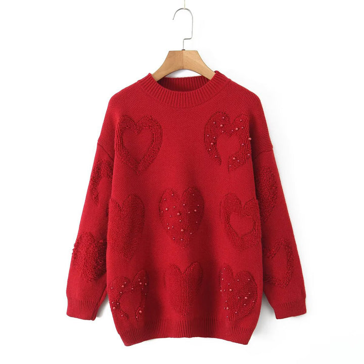 Damen Gemütlicher Strickpullover mit Herzmotiven Drune