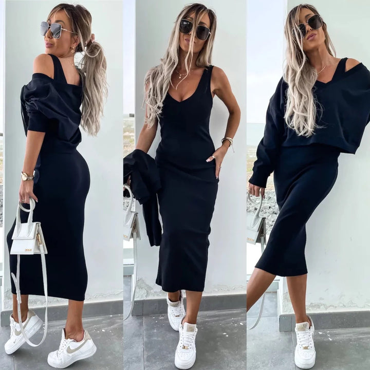 Damen nan zweiteiliges Midirock-Set mit off-shoulder Oversize-Sweatshirt und figurbetontem Bleistiftrock Drune