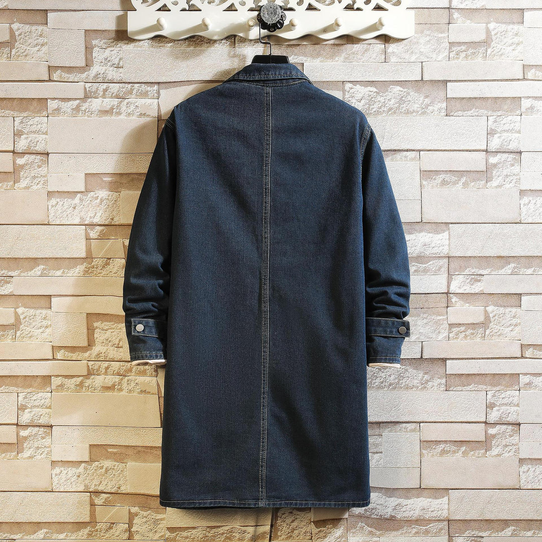 Herren nan langer Overshirt Mantel aus Denim mit Druckknopfleiste und aufgesetzten Taschen Drune