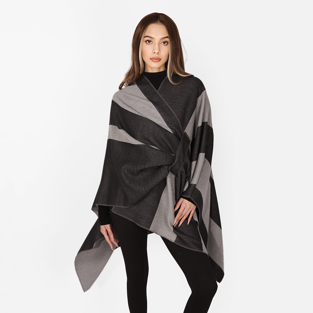 Damen Oversize-Cape mit Blockstreifen und Bindegürtel Drune