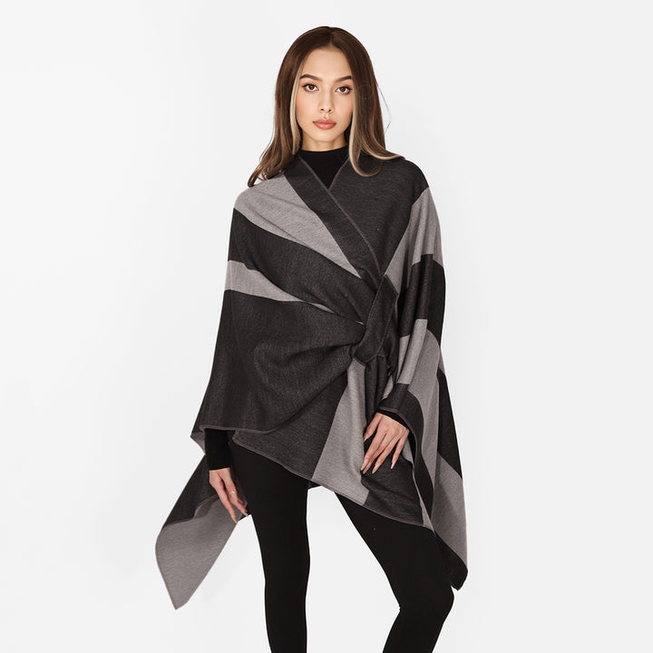 Damen Oversize-Cape mit Blockstreifen und Bindegürtel Drune