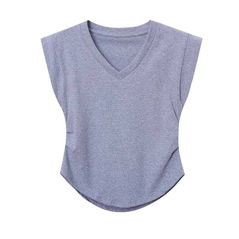 Damen Kurzarm T-Shirt mit V-Ausschnitt und lässigen Schulterpolstern Drune