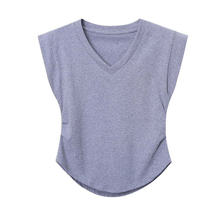 Damen Kurzarm T-Shirt mit V-Ausschnitt und lässigen Schulterpolstern Drune