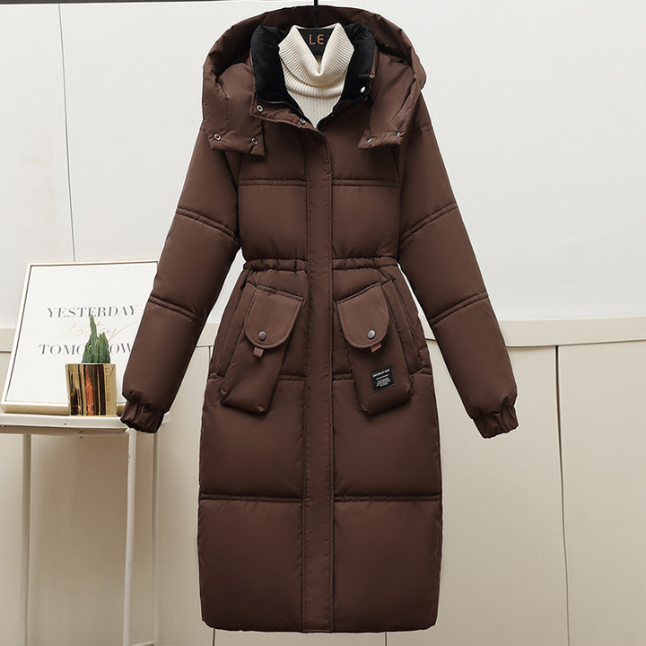 Damen Lange Pufferjacke mit abnehmbarer Kapuze und großen Taschen Drune