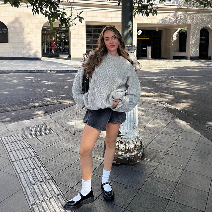 Damen Oversize Strickpullover mit Zopfmuster und Rippbündchen Drune