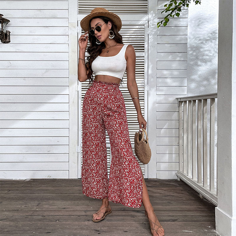 Damen Leichte High‑Waist Palazzo‑Hose mit Gummibund, Blumenprint und seitlichem Beinschlitz Drune