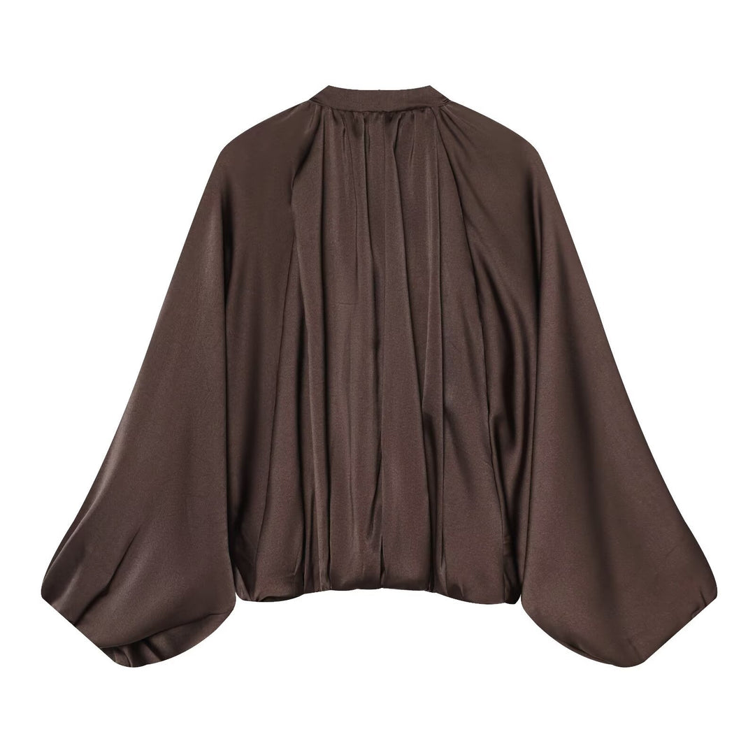 Damen Kurz geschnittene Satin‑Bomberjacke mit weitem Fledermausärmeln und Falten-Detail Drune