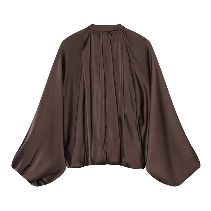 Damen Kurz geschnittene Satin‑Bomberjacke mit weitem Fledermausärmeln und Falten-Detail Drune