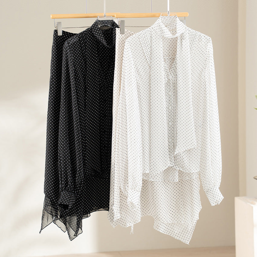 Damen Chiffon-Bluse mit Schleifenkragen, Pünktchenmuster und Biesen-Detail Drune