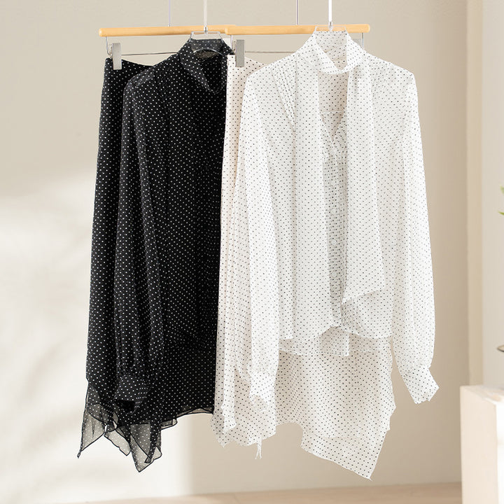 Damen Luftige Polka‑Dot Schlaufenbluse mit Schleifenkragen, Plissée‑Vorderteil und Manschettenärmel Drune
