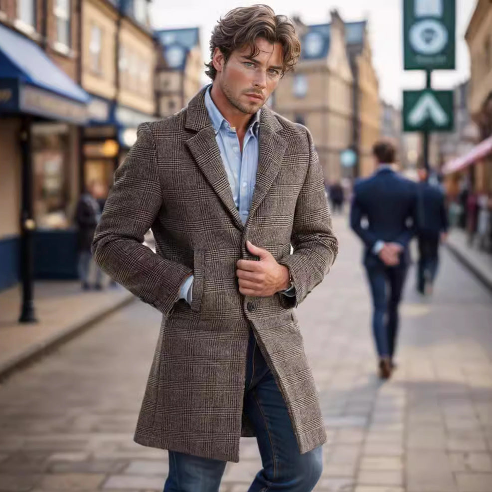 Herren Wollblendmantel im Glencheck mit schlanker langer Silhouette Drune