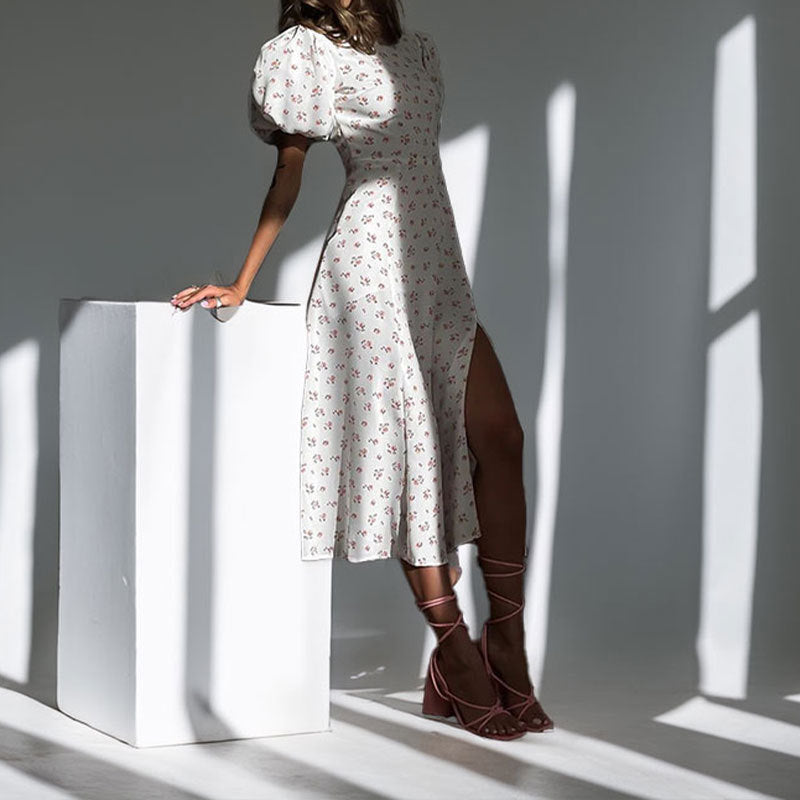 Damen Maxikleid mit verspielt leichtem Puffärmel und elegantem Schlitz Drune