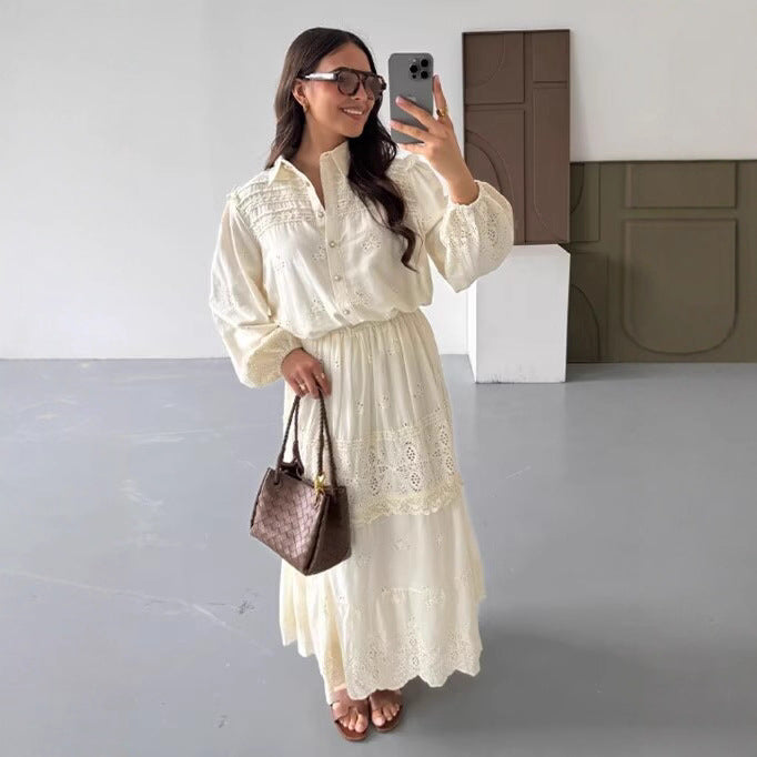 Damen Boho‑Maxikleid mit Stickereien, Spitzenbesatz, elastischer Taille und Hemdkragen Drune