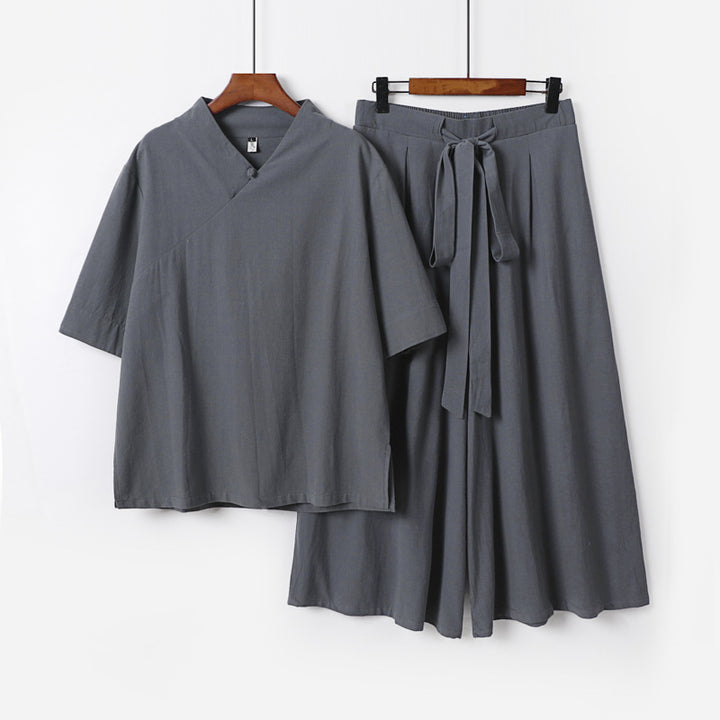 Damen Weites Kimono-Loungewear-Set mit V-Ausschnitt und Culotte-Hose Drune