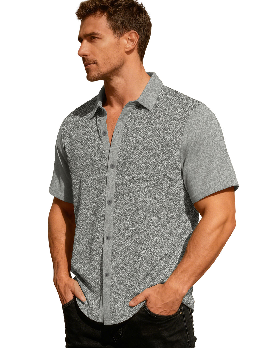 Herren nan legeres Kurzarmhemd mit Jacquardstruktur, kontrastierter Knopfleiste und Brusttasche Drune