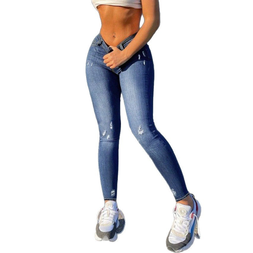 Damen Figurformende V-Bund Skinny-Jeans mit Push-up-Effekt und dezenten Rissdetails Drune