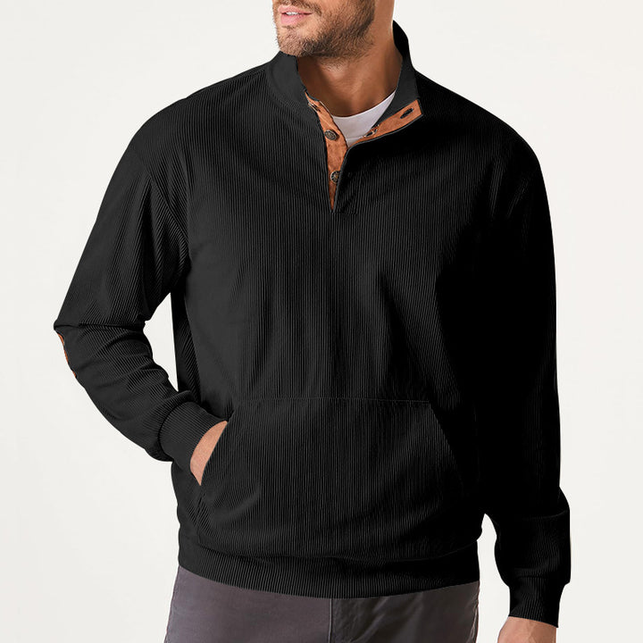 Herren nan geripptes Stehkragen-Pullover mit Knopfleiste, Kängurutasche und Wildleder-Ellenbogenpatches Drune