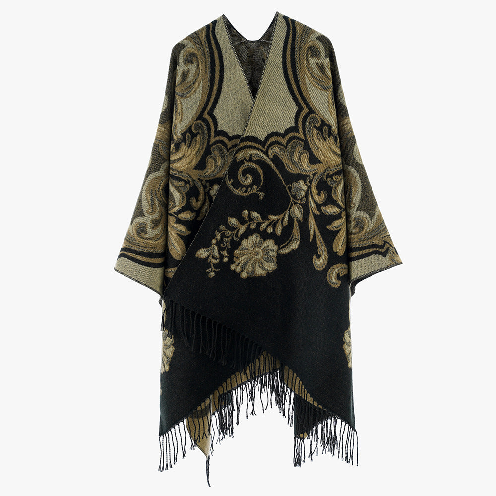 Damen Jacquard‑Poncho‑Überwurf im Barockmuster mit Fransen Drune