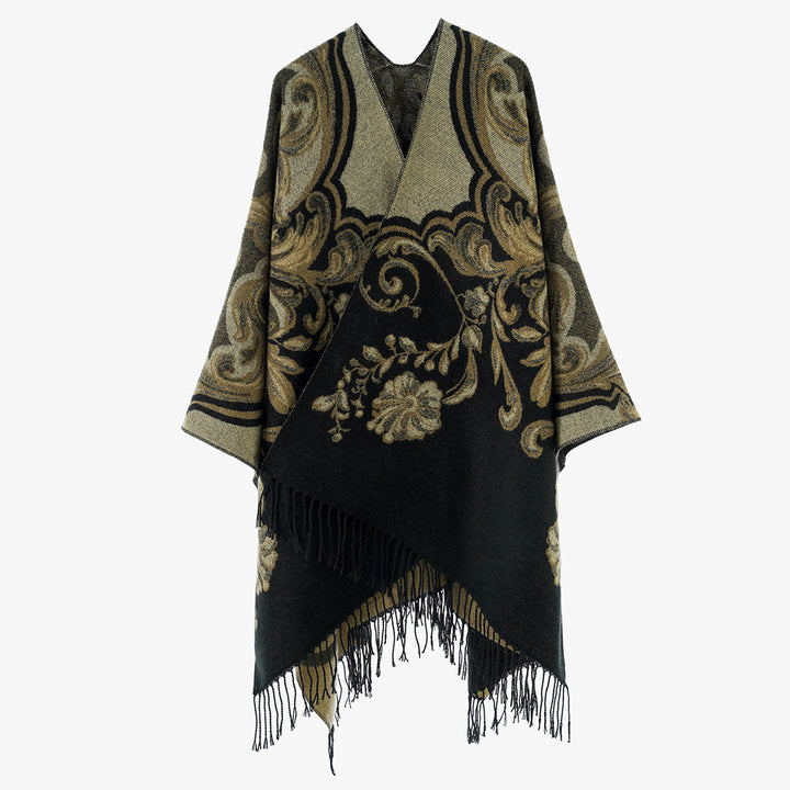Damen Jacquard‑Poncho‑Überwurf im Barockmuster mit Fransen Drune