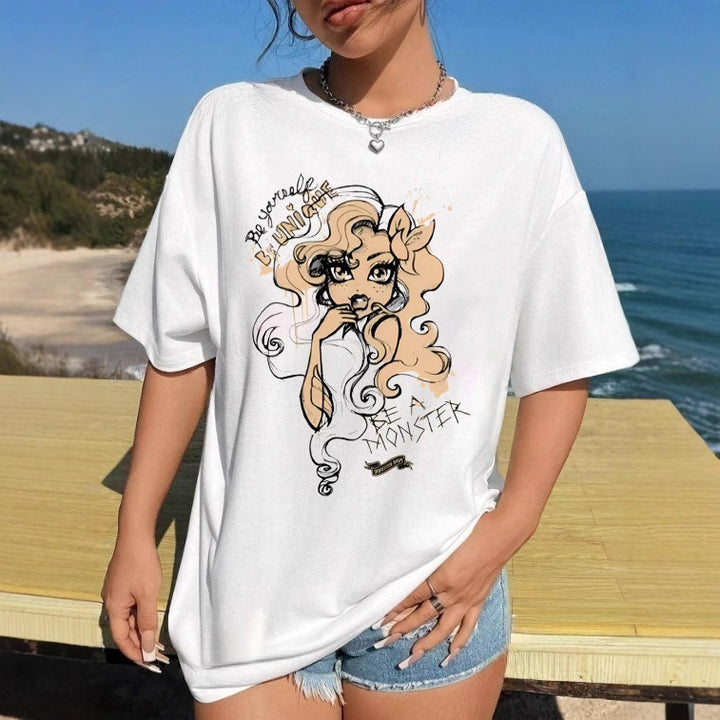 Damen T-Shirt mit künstlerischem Skelettmotiv und einzigartigem Druck Drune
