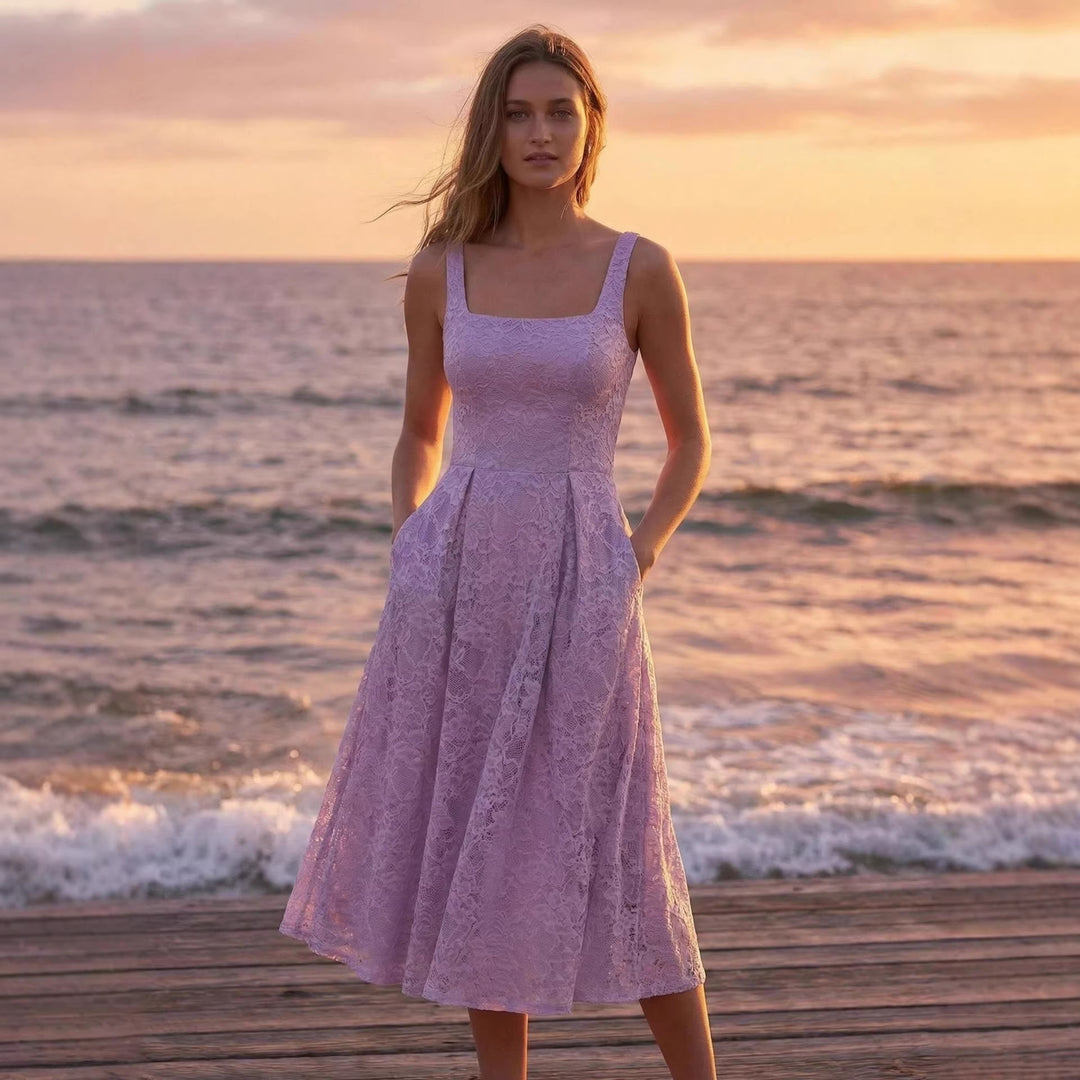 Damen Spitzen-Maxikleid im A-Linien-Stil mit tiefem Ausschnitt und taillierter Silhouette Drune