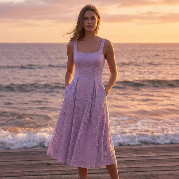 Damen Spitzen-Maxikleid im A-Linien-Stil mit tiefem Ausschnitt und taillierter Silhouette Drune