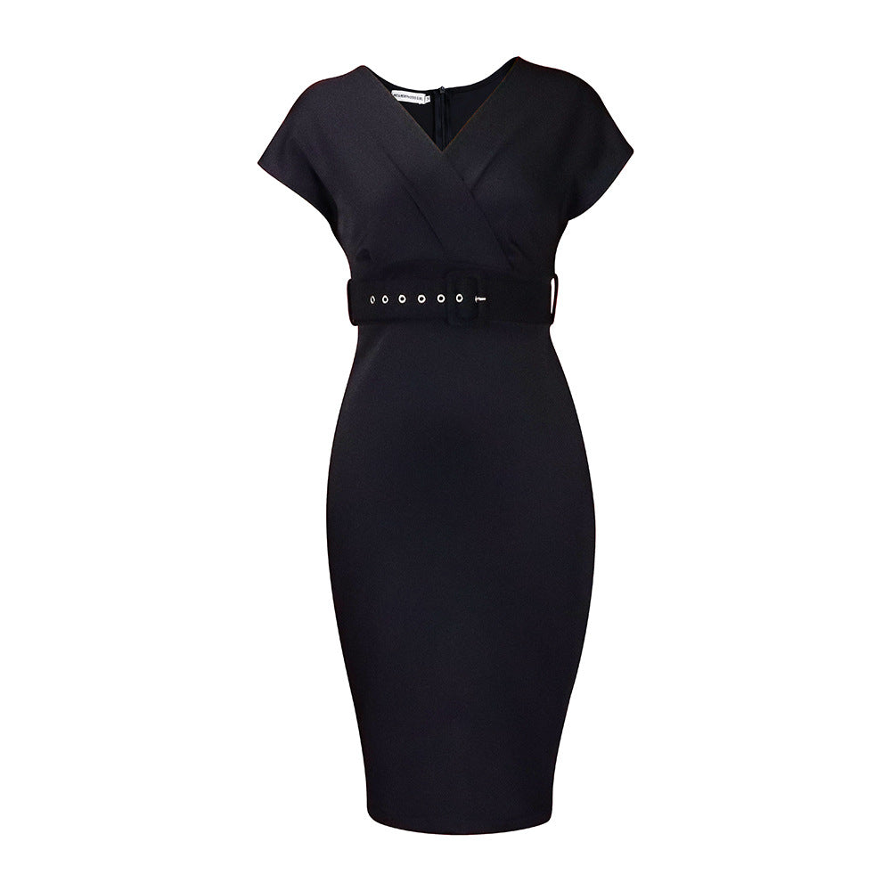 Drune | Damen V-Ausschnitt Figurbetontes Midi Kleid mit Gürtel