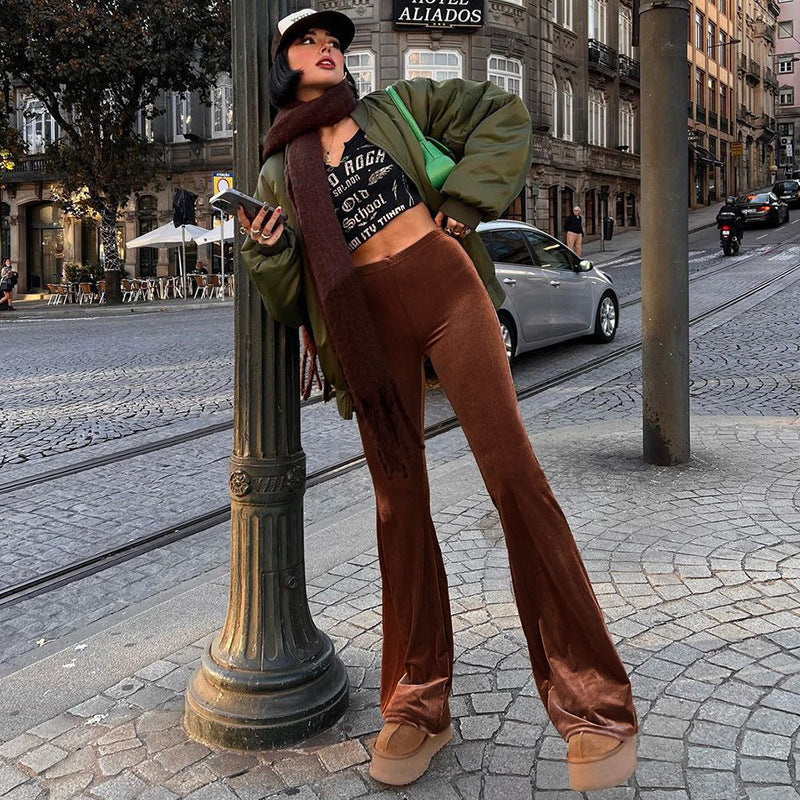 Damen Elegante Schlaghose mit hohem Bund und glattem Material Drune