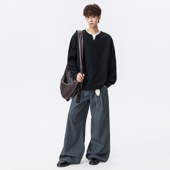 Herren Oversize Waffelstruktur-Langarmshirt mit V‑Einsatz und Layering-Optik Drune