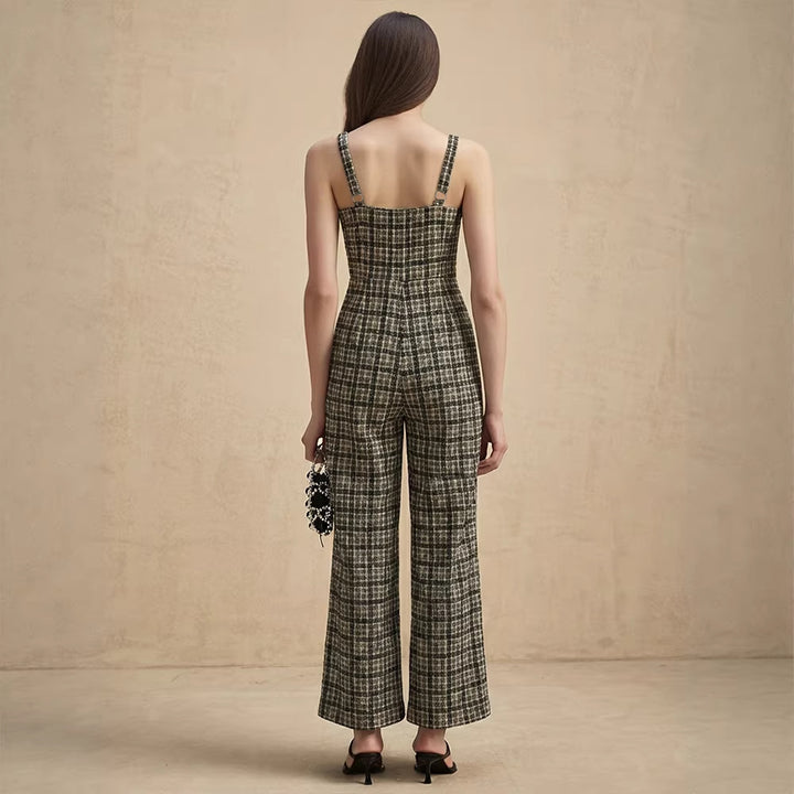 Damen Jumpsuit mit weiten Hosenbeinen und feinem Karomuster Drune