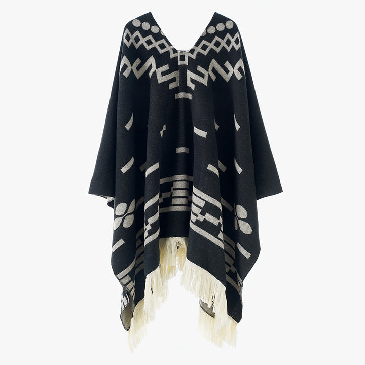 Damen V-Ausschnitt-Poncho im Jacquard-Strick mit Fransenabschluss Drune