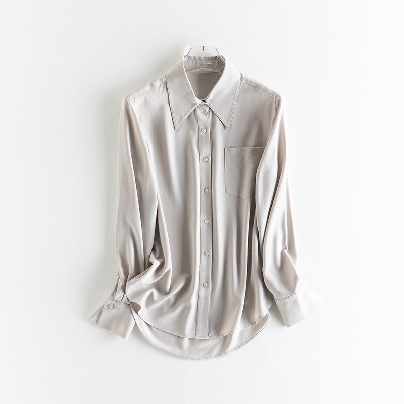 Damen seidenähnliche Oversize-Bluse mit spitzem Hemdkragen und Brusttasche Drune