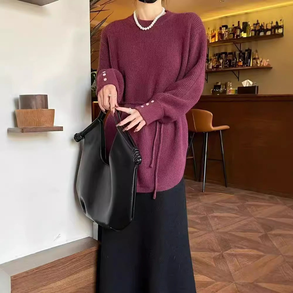 Damen lockerer Strickpulli mit Taillenschnürung und lässigem Schnitt Drune