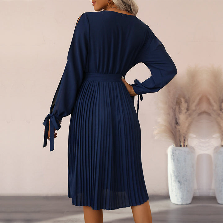 Damen Plissiertes Chiffon‑Look Midikleid mit V‑Ausschnitt und Spitzeneinsatz sowie Bindegürtel Drune