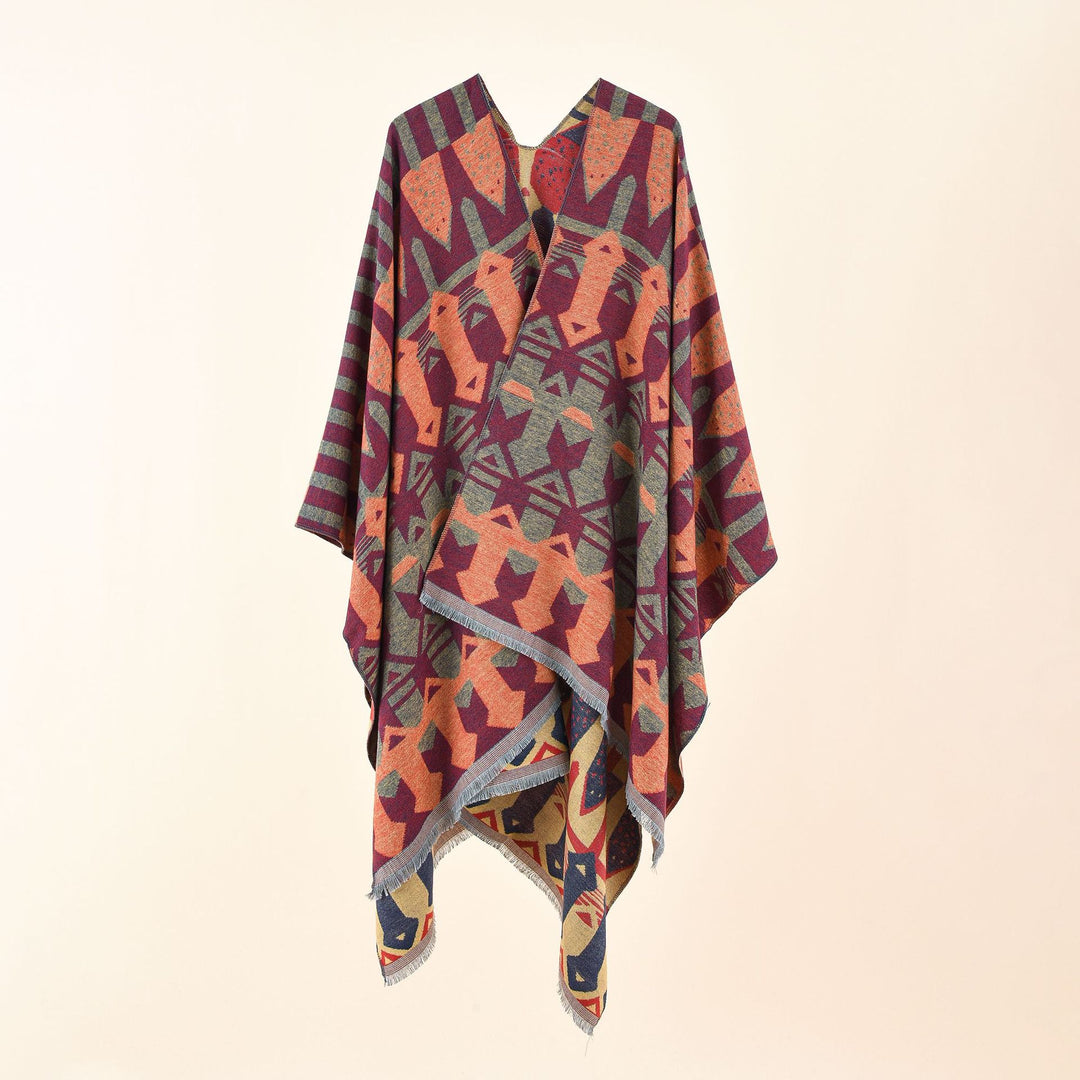 Damen Strick-Überwurfcape im Ruana-Stil mit grafischem Jacquard und Fransensaum Drune