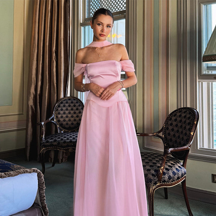 Damen Elegantes Abendkleid mit schulterfreien Puffärmeln und Choker Drune