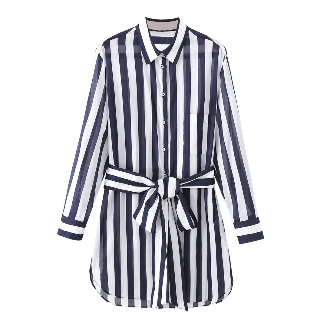 Damen Gestreiftes Hemdblusenkleid mit Taillengürtel und Langarm Drune