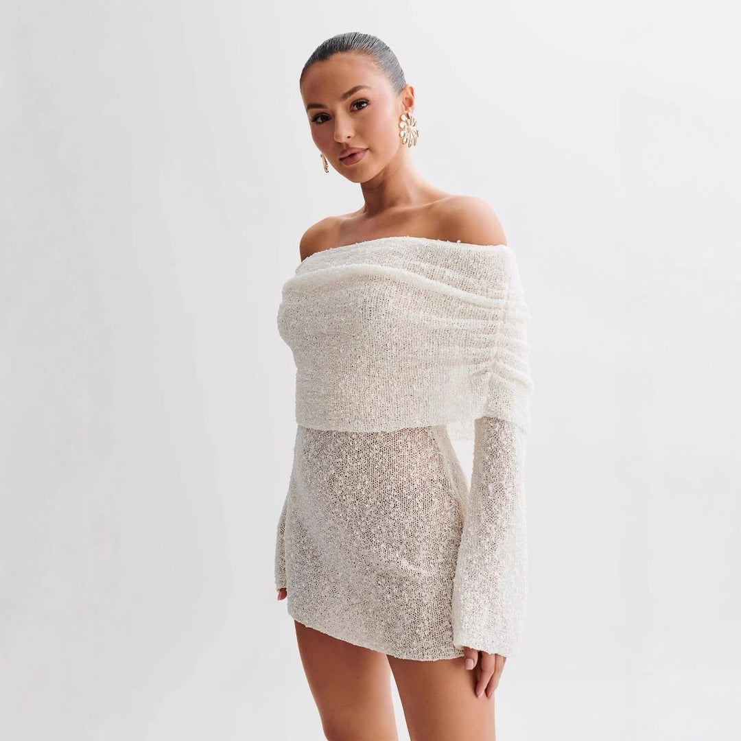Damen Schulterfreies Minikleid mit glitzerndem Effekt und Übergröße Drune