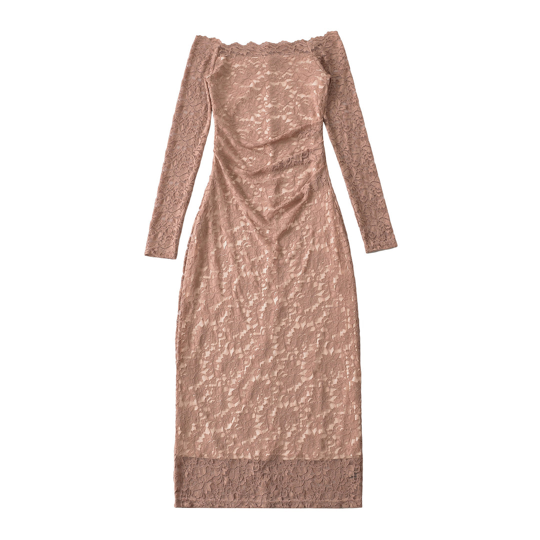 Damen Schulterfreies Spitzenkleid mit Taillenraffung und Langarm Drune
