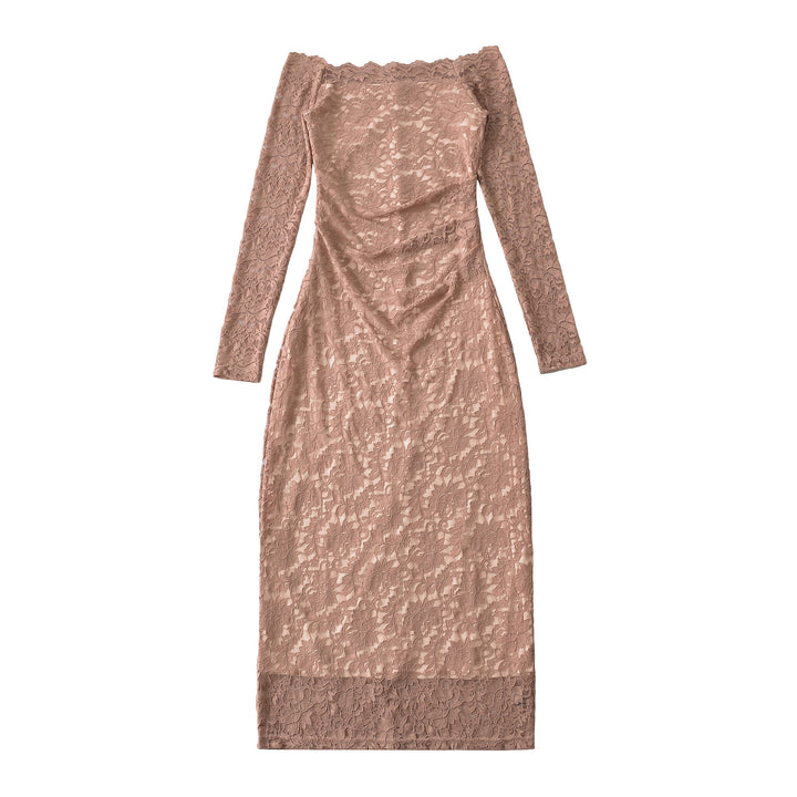 Damen Schulterfreies Spitzenkleid mit Taillenraffung und Langarm Drune