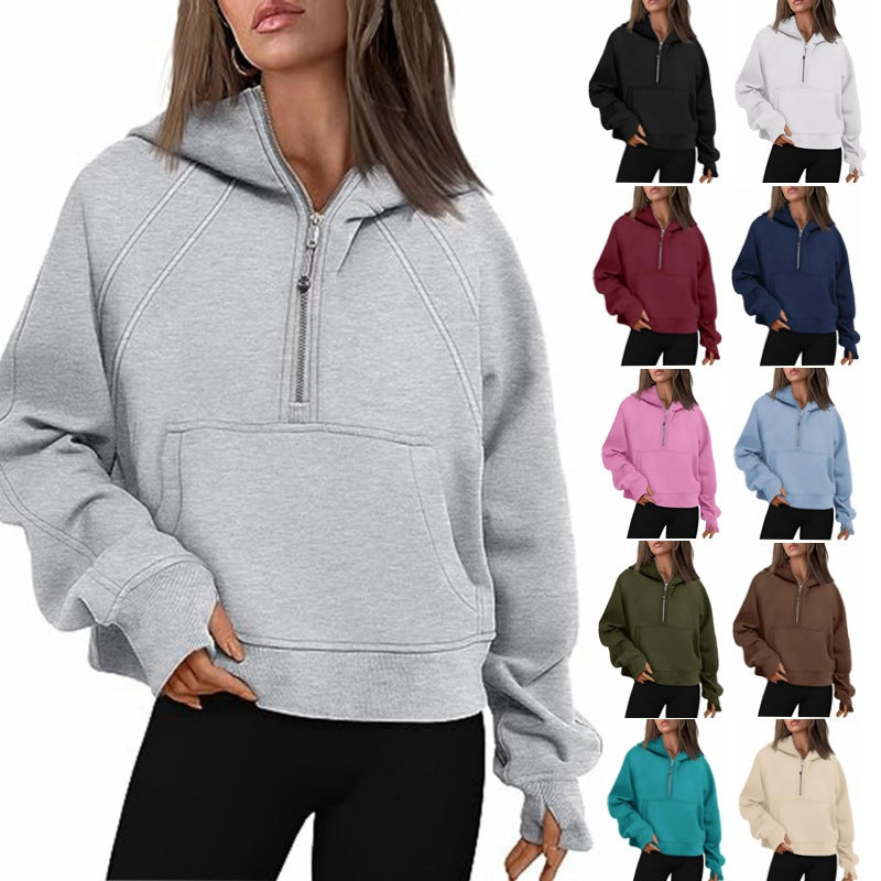 Damen lässiger Kapuzenpullover mit modischem Reißverschluss und praktischer Kängurutasche Drune