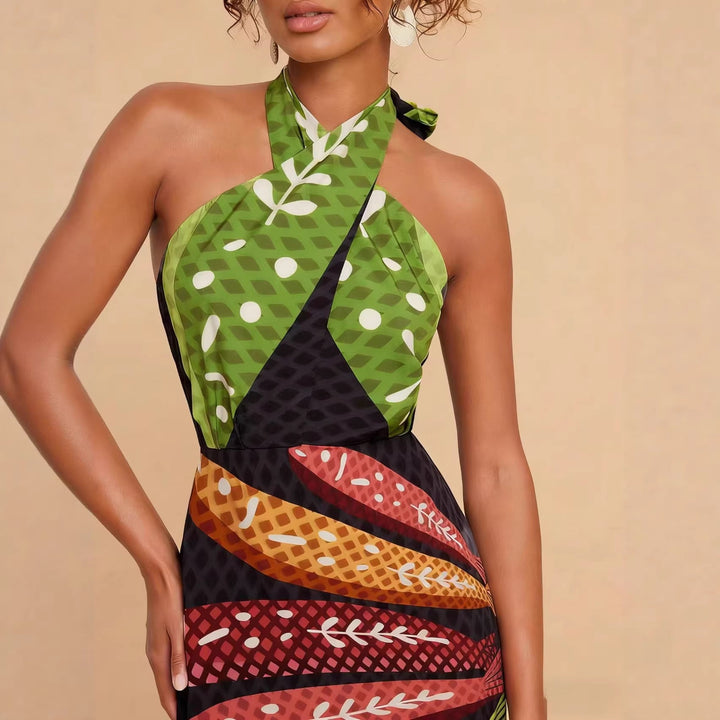 Damen Halterneck Maxikleid mit buntem Blattdesign und schwingendem Schnitt Drune