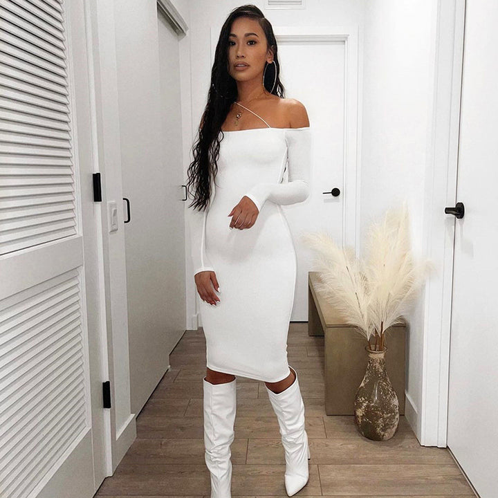 Damen figurbetontes Off-Shoulder-Minikleid mit langen Ärmeln Drune