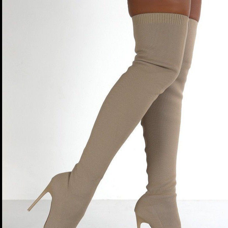 Damen Overknee Stiefel mit elegantem spitzem Absatz und modischem Strickdesign Drune