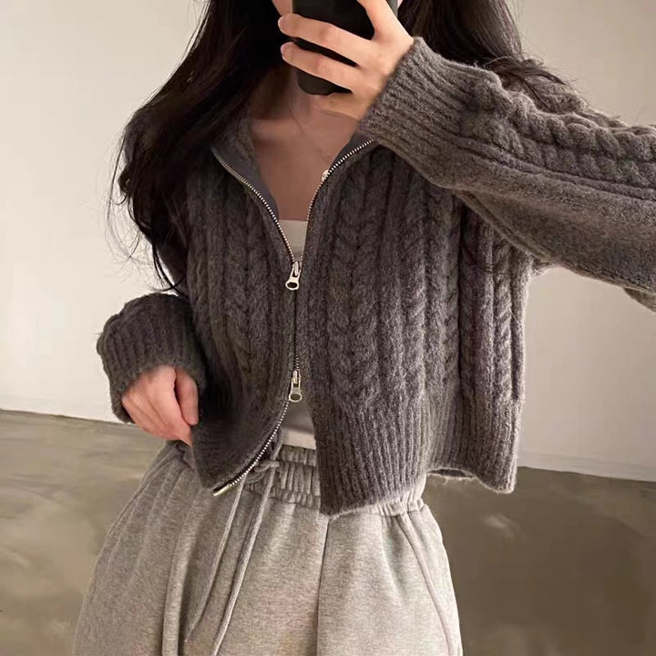 Damen Strickjacke mit Zipper und Kabelmuster Drune