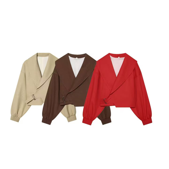 Damen Cropped-Manteljacke mit weitem Schalkragen, Taillenriegel und Ballonärmeln Drune