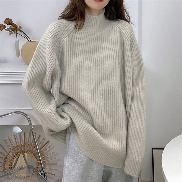 Damen Oversized Strickpullover mit hohem Kragen und feiner Rippstruktur Drune
