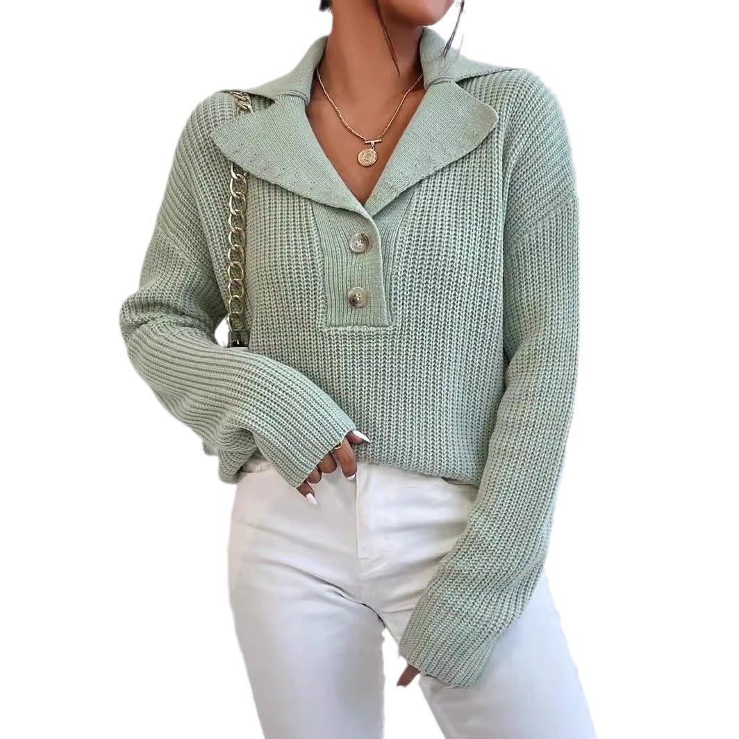 Damen eleganter und lässiger Strickpullover mit Kragen und Knopfleiste Drune