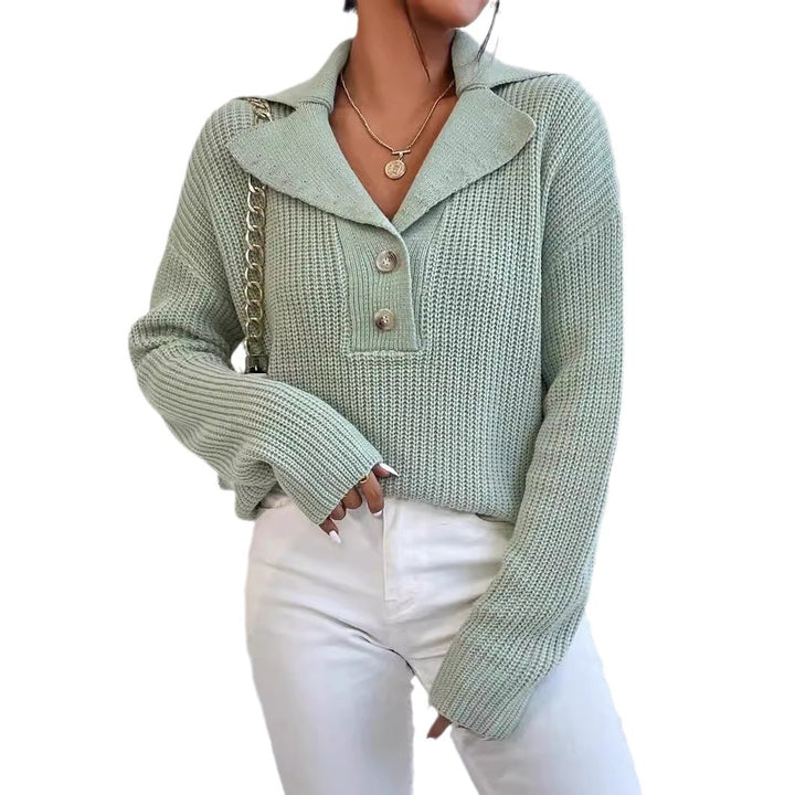 Damen eleganter und lässiger Strickpullover mit Kragen und Knopfleiste Drune